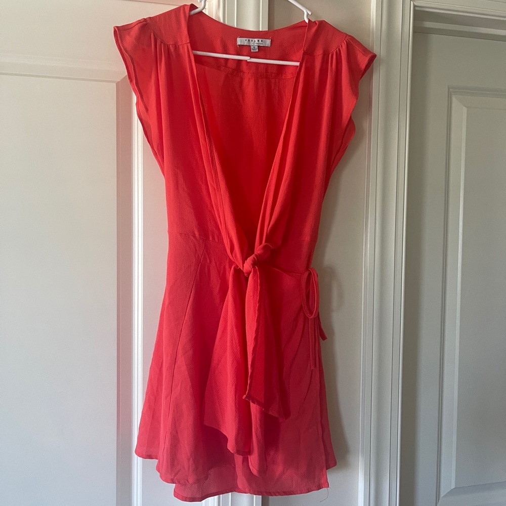 FAVLUX Neon Orange Wrap Tie Mini Dress Size Small S